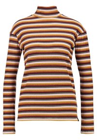 Pull à col roulé côtelé avec rayures horizontales en marron, or, rose et blanc. Manches longues, coupe ajustée et tissu texturé.