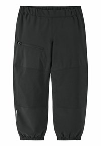 Pantaloni cargo neri realizzati in un materiale morbido e elasticizzato. Presentano una vita elastica, una tasca laterale con zip e polsini svasati alle caviglie.