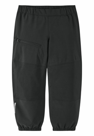 Black cargo pants made of a soft, stretchy material. Features an elastic waistband, a zippered side pocket, and tapered cuffs at the ankles.