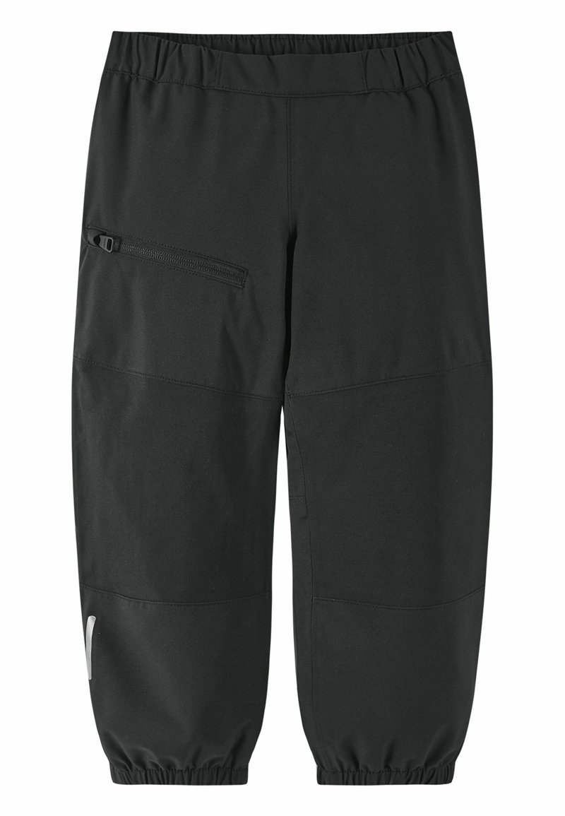Pantaloni cargo neri realizzati in un materiale morbido e elasticizzato. Presentano una vita elastica, una tasca laterale con zip e polsini svasati alle caviglie.