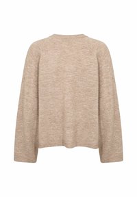 Beige stickad tröja med avslappnad passform, med rund halsringning, raglanärmar och ribbad nederkant. Mjuk textur och subtilt mönster.