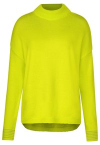 Helle gelbe Strickjacke mit hohem Kragen, abgesenkten Schultern und gerippten Bündchen. Gerader Saum mit Details an den Ärmelenden.