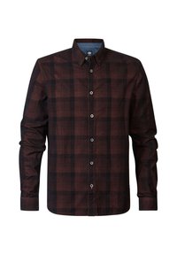 Chemise à manches longues à carreaux marron et noir, avec un front boutonné, un col en denim et un tissu texturé. Présente des fermetures à boutons contrastants.