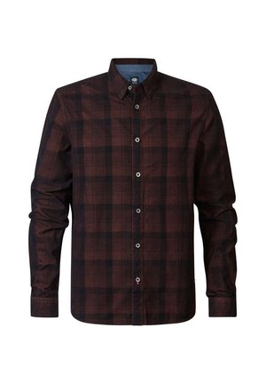 Brown and black checkered long-sleeve shirt, button-up front, with a denim collar and textured fabric. Features contrasting button closures.