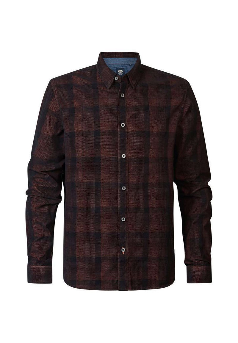 Chemise à manches longues à carreaux marron et noir, avec un front boutonné, un col en denim et un tissu texturé. Présente des fermetures à boutons contrastants.