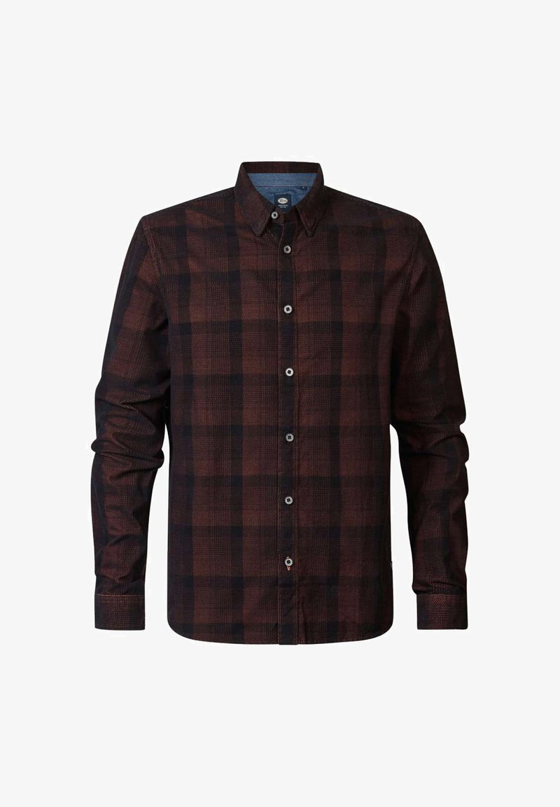 Chemise à manches longues à carreaux marron et noir, avec un front boutonné, un col en denim et un tissu texturé. Présente des fermetures à boutons contrastants.
