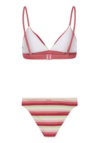 Driedel bikini-top met een witte binnenkant en rode, groene accenten; bijpassende onderkant met horizontale rode, groene en roze strepen.