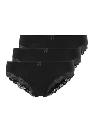 Schwarzes Baumwollunterhosen-Set aus drei Stück mit Spitzenbesatz. Jede Unterhose hat eine kleine dekorative Schleife auf der Vorderseite. Weiche Textur, klassisches Design.