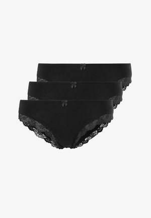 Black cotton briefs set of three with lace trim. Each brief features a small decorative bow at the front. Soft texture, classic design.