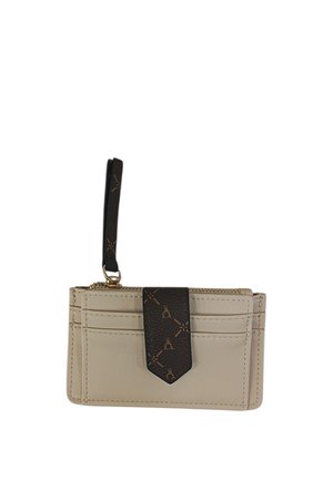 Piccolo portafoglio da polso in pelle beige con cinturino nero a fantasia e chiusura a linguetta, dotato di scomparti per carte e vano con cerniera.