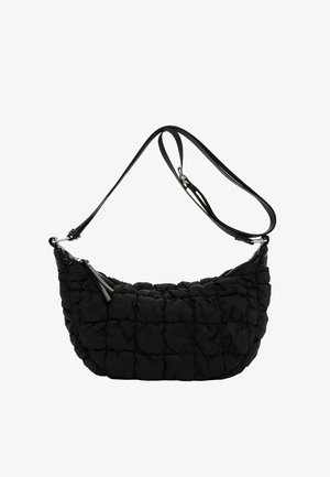 Black quilted handbag with adjustable shoulder strap and zipper closure, featuring a slightly rounded rectangular shape.