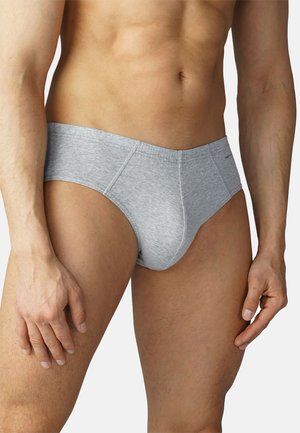 Slip in cotone grigio con vestibilità aderente, cuciture piatte e un elastico in vita. Presenta una texture liscia e un design minimalista.