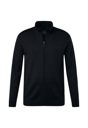 Schwarze Zip-up-Strickjacke aus strickbarem Material. Verfügt über einen hohen Kragen, lange Ärmel sowie gerippte Bündchen und Saum. Einfaches, nahtloses Design.