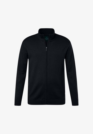 Sort zip-up kardigan lavet af strikstof. Har en høj krave, lange ærmer og ribbede manchetter og kant. Enkel, sømløs design.