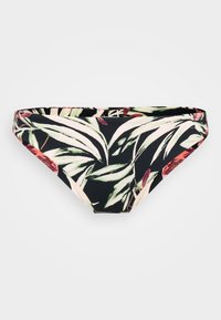 Bikini bottom featuring a black background with bold green and burgundy leaf patterns, made of stretchy fabric with a smooth texture.