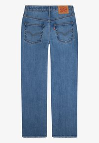 Blå denimjeans med en rak ben-design, med hög midja, två bakfickor och en märkespåtagg i läder vid midjan.