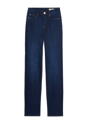 Mørkeblå straight-leg denim jeans med fem lommer, knap- og lynlås-lukning samt detaljer i kobbernitter.