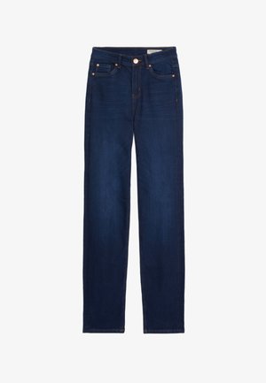 Mørkeblå straight-leg denim jeans med fem lommer, knap- og lynlås-lukning samt detaljer i kobbernitter.
