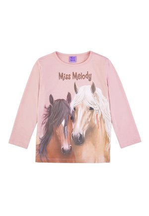 T-shirt in cotone rosa a maniche lunghe con un grafiche di due cavalli, uno marrone e uno color crema, con il testo "Miss Melody" sopra in carattere glitterato.
