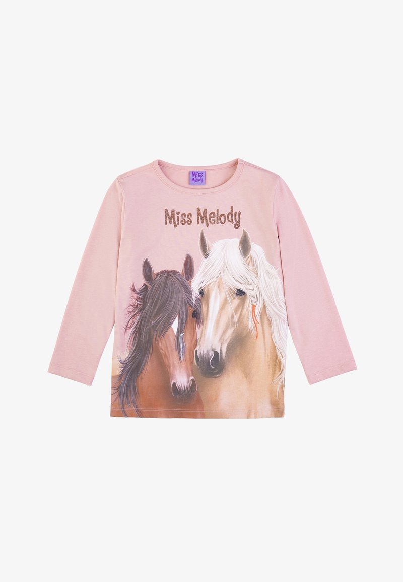 T-shirt in cotone rosa a maniche lunghe con un grafiche di due cavalli, uno marrone e uno color crema, con il testo "Miss Melody" sopra in carattere glitterato.