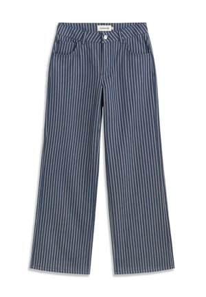Pantalon large bleu marine à rayures blanches verticales, bouton et fermeture éclair à l'avant, avec deux poches frontales.