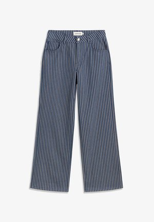 Pantalon large bleu marine à rayures blanches verticales, bouton et fermeture éclair à l'avant, avec deux poches frontales.