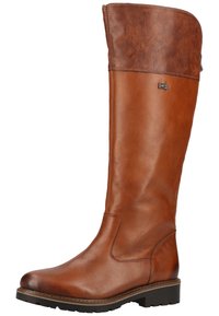 Bottes en cuir marron hautes avec une finition lisse, dotées d'une bande de cuir plus foncé en haut et d'une semelle en caoutchouc texturée et basse.