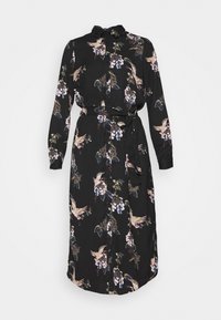 Abito nero con bottoni, maniche lunghe, motivo floreale in rosa e blu, vita cinchata con una cintura, tessuto morbido.