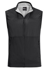 Gilet nero senza maniche con colletto alto, zip frontale e due tasche laterali; presenta una fodera morbida e strutturata per un maggiore calore.