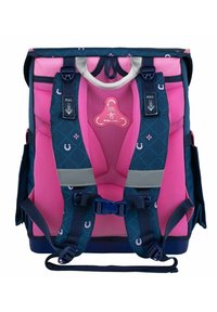 Backpack with a pink mesh front, dark blue accents, adjustable straps, and a reflective strip. Features a unique triangular buckle design.