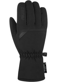 Schwarze isolierte Handschuhe mit glatter Textur, elastischem Handgelenk und verstärkten Akzenten, entworfen für Wärme und Wetterbeständigkeit.