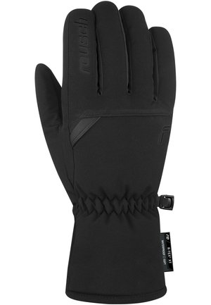 Black insulated gloves featuring a smooth texture, elastic wrist, and reinforced accents, designed for warmth and weather resistance.