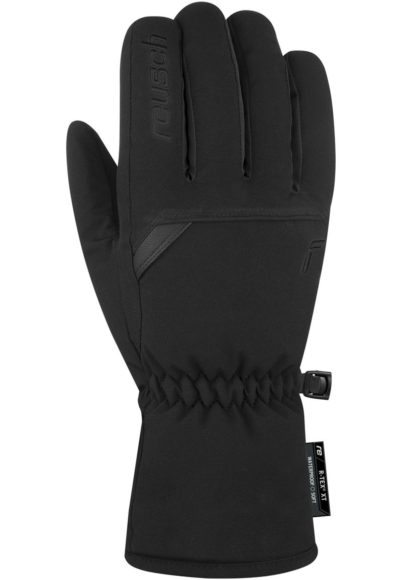 Schwarze isolierte Handschuhe mit glatter Textur, elastischem Handgelenk und verstärkten Akzenten, entworfen für Wärme und Wetterbeständigkeit.