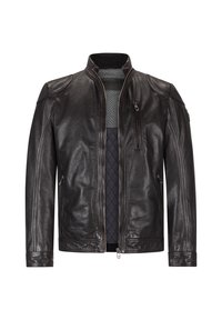 Schwarze Lederjacke mit hohem Kragen, Reißverschluss vorne und gestepptem Innenfutter. Verfügt über ein maßgeschneidertes Design und Seitentaschen mit Reißverschluss für Funktionalität.