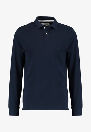 Marineblaues Langarm-Polohemd aus Baumwolle, mit klassischem Kragen, Zwei-Knopf-Leiste und glatter Textur.
