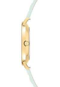 Goldfarbene Uhr mit rundem Gehäuse, mintgrünen Lederarmband und chronographischer Krone. Die Seitenansicht betont die glatten Oberflächen und klaren Linien.