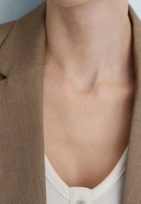 Brown checked blazer over a light-colored V-neck top with a button accent, showing smooth neck and collarbone area. Subtle texture contrasts.