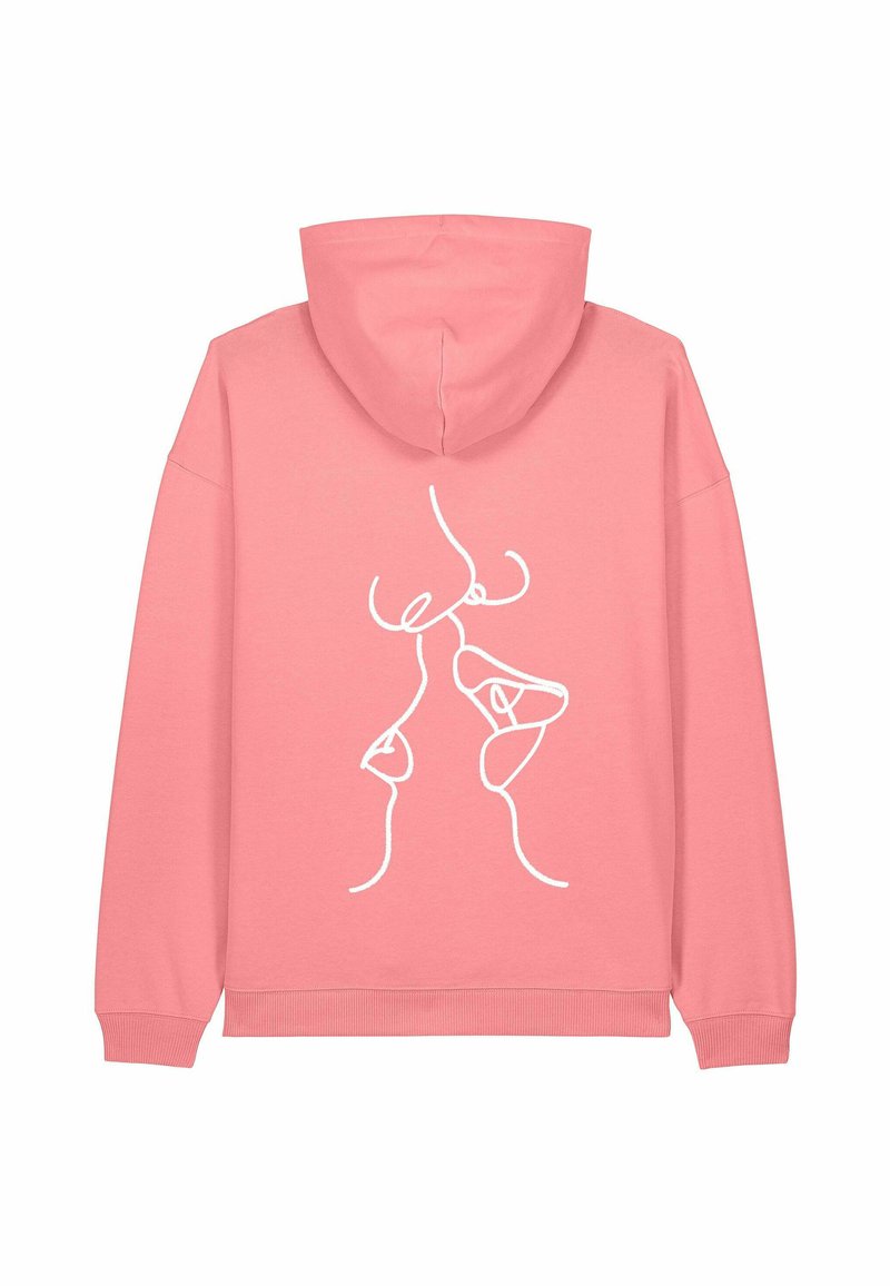 Felpa rosa con una linea bianca che raffigura due volti astratti che si toccano con i nasi sul retro, dotata di cappuccio e polsini e orlo a coste.