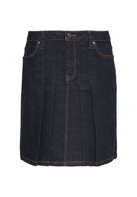 Denim rok in donkerblauw met een rechte silhouet, plooien aan de voorkant en oranje stikselaccenten. Bevat twee zijzakken en een knoopsluiting.