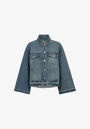 Denim jacket, light blue color, featuring a collar, long sleeves, button closures, two chest pockets, and frayed hem detail.