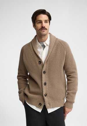 Hombre con cabello oscuro y bigote, lleva un cárdigan beige abotonado sobre camisa blanca y pantalones oscuros, mirando ligeramente hacia la derecha con las manos en los bolsillos.