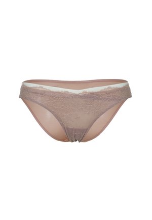 Slip con bordo in pizzo in un delicato rosa cipria. Presenta un corpo trasparente con una fascia in vita solida e un delicato motivo floreale sul davanti.