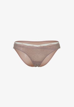Slip con bordo in pizzo in un delicato rosa cipria. Presenta un corpo trasparente con una fascia in vita solida e un delicato motivo floreale sul davanti.