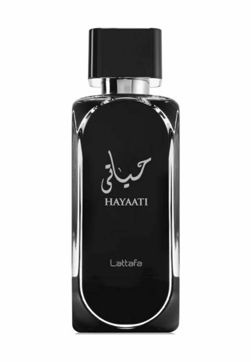 Mustaqar lasak dari kaca hitam dengan tutup hitam persegi. Tulisan Arab putih dan "HAYAATI" ditampilkan dengan elegan di bagian depan. Desain ramping.
