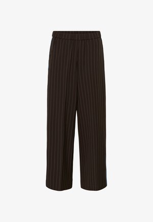 Black wide-leg trousers with vertical blue stripes, elastic waistband, and smooth fabric texture, suitable for casual or formal wear.