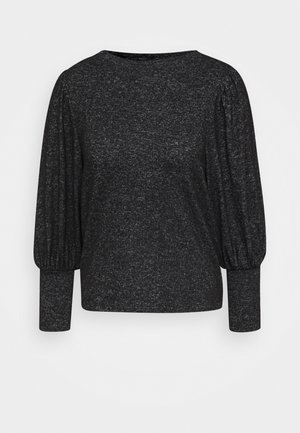 Dunkelgrauer Pullover mit langen Ärmeln, Rundhalsausschnitt und aufgepufften oberen Ärmeln, die in enganliegende Bündchen übergehen.