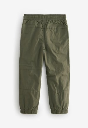 Pantalons de couleur vert olive, avec une taille élastique et des poignets froncés, texture lisse et détails de couture subtils, conçus pour le confort et la facilité de port.