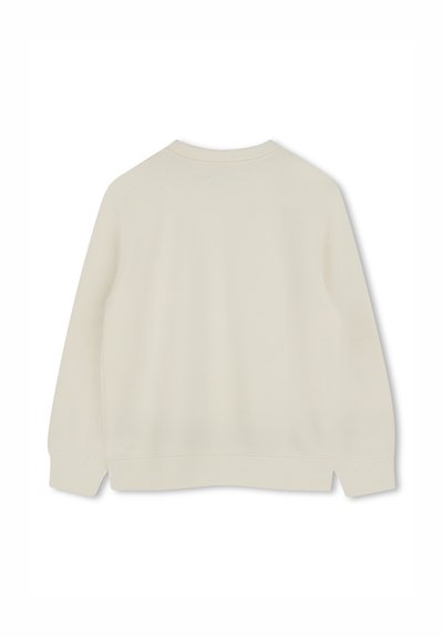 Maglione in cotone color crema con scollo rotondo, maniche lunghe e polsini a costina. Design semplice e uniforme, senza motivi visibili.