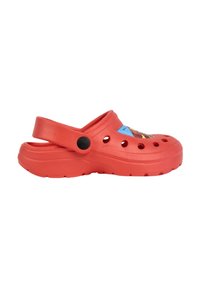 Red plastic clog with ventilation holes, adjustable strap, and a colorful character design on the front. Smooth texture, lightweight.
