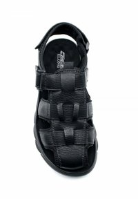 Sandale en cuir noir avec plusieurs brides et une semelle rembourrée. Design ouvert avec des attaches autocollantes réglables pour un maintien sûr.